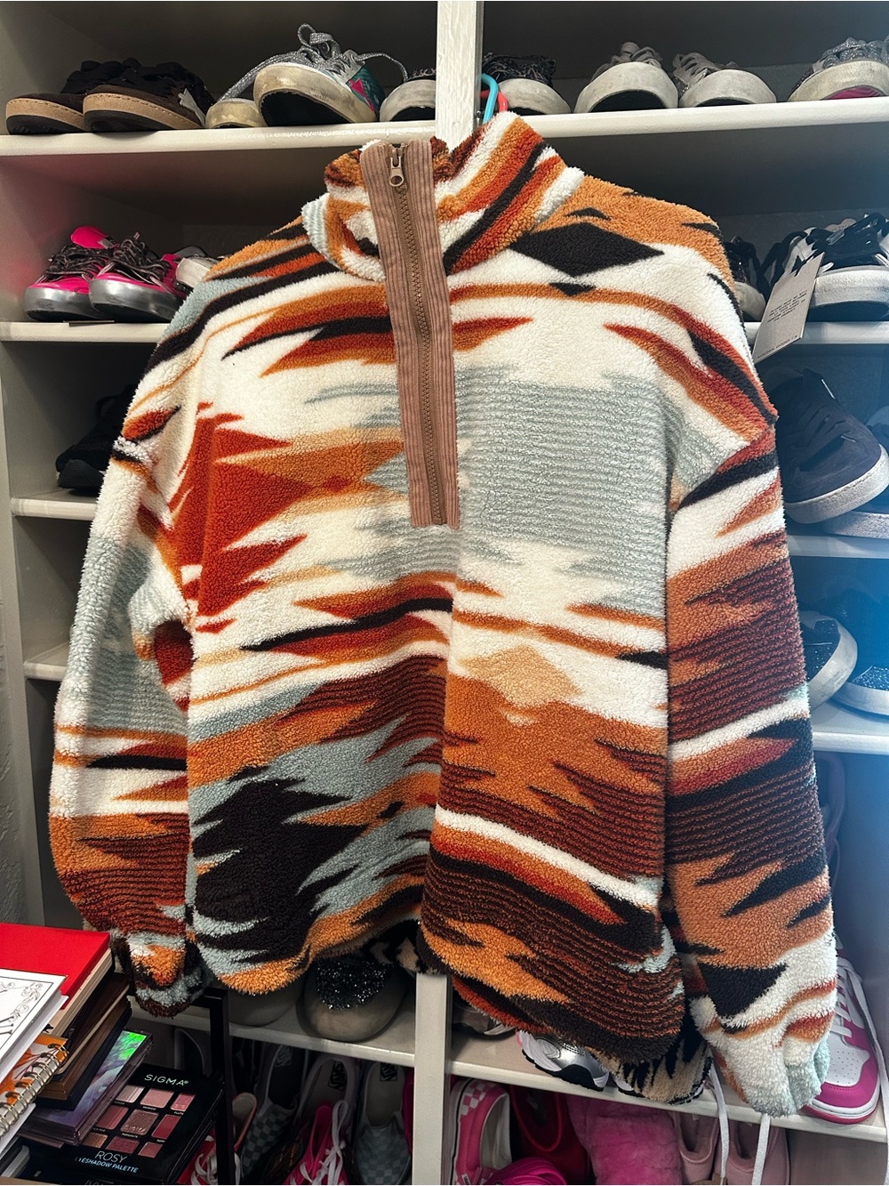 Men's Pullover Sherpa Half-Zip Sweater in Multi-Color Aztec Pattern